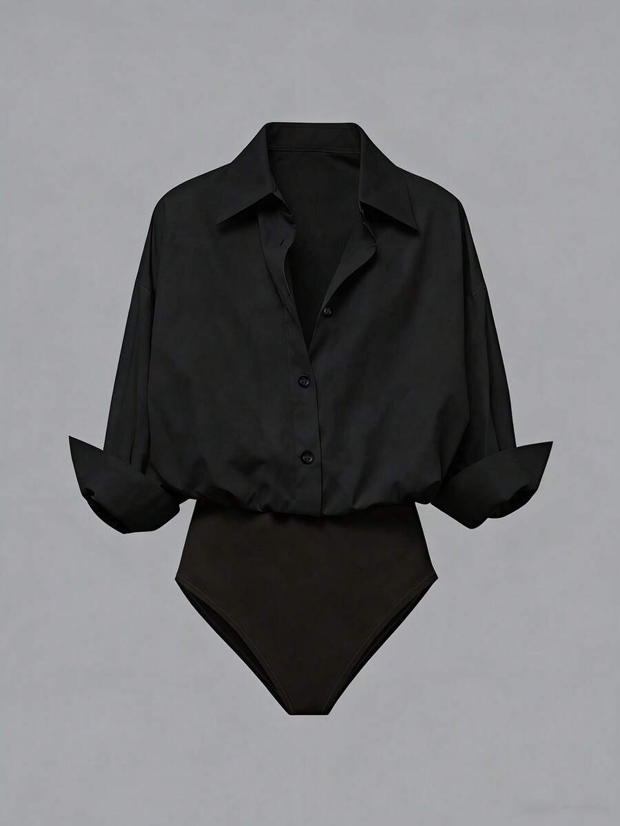 Airaco Casual Loose Open Front Printed Long Sleeve Shirt Bodysuit For Women - Black - View 1