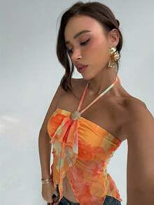 Aloruh Women's Floral Print Patchwork Ruffle Trim Halter Neck Top, Vacation Style - Orange - View 8