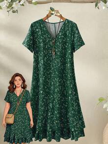 Rusticease 大码女式早春短袖红色碎花连衣裙 - 綠色 - 查看 1