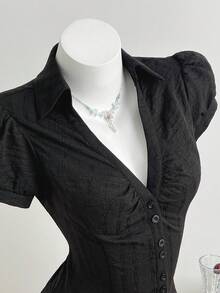 Flirla Women's V-Neck Fitted Waist Pleated Textured Fabric Blouse, Professional Wear, Summer, Button Closure Golf Pastal Sexy - Black - View 4