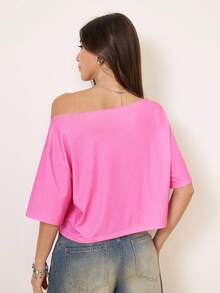 LOONEY TUNES X SHEIN 女士休闲街头日常通勤趣味卡通字母印花不对称领宽松T恤，夏季 - 粉色 - 查看 2