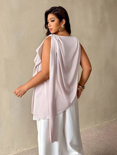 Auralis Áo nữ cỡ lớn bằng vải satin màu trơn xếp ly, buộc dây, vạt lệch vai