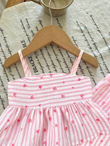 Babygirl Cute Vacation Casual Striped Bow Decor Camisole & Elastic Waist Pants Set - Baby Pink - View 8