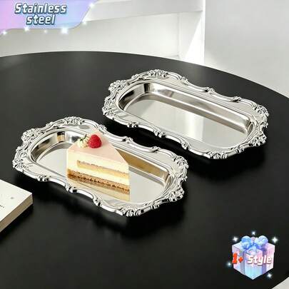 复古不锈钢托盘 浮雕甜点盘 镜面首饰收纳盘 家居装饰