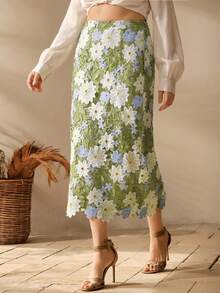 Elegant Romantic Vacation Colorblock Floral Print Slim Fit Hollow Design High-End Comfortable Plus Size Women's Midi Skirt - Multicolor - View 4
