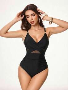 Women's Summer Vacation Casual Beach Wear Solid Black One-Piece Swimsuit Bikini With Adjustable Shoulder Straps And Tummy Control - Black - View 6