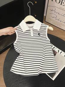 Resyla 女士夏季休闲运动通勤刺绣条纹印花高领背心 - 白色 - 查看 1