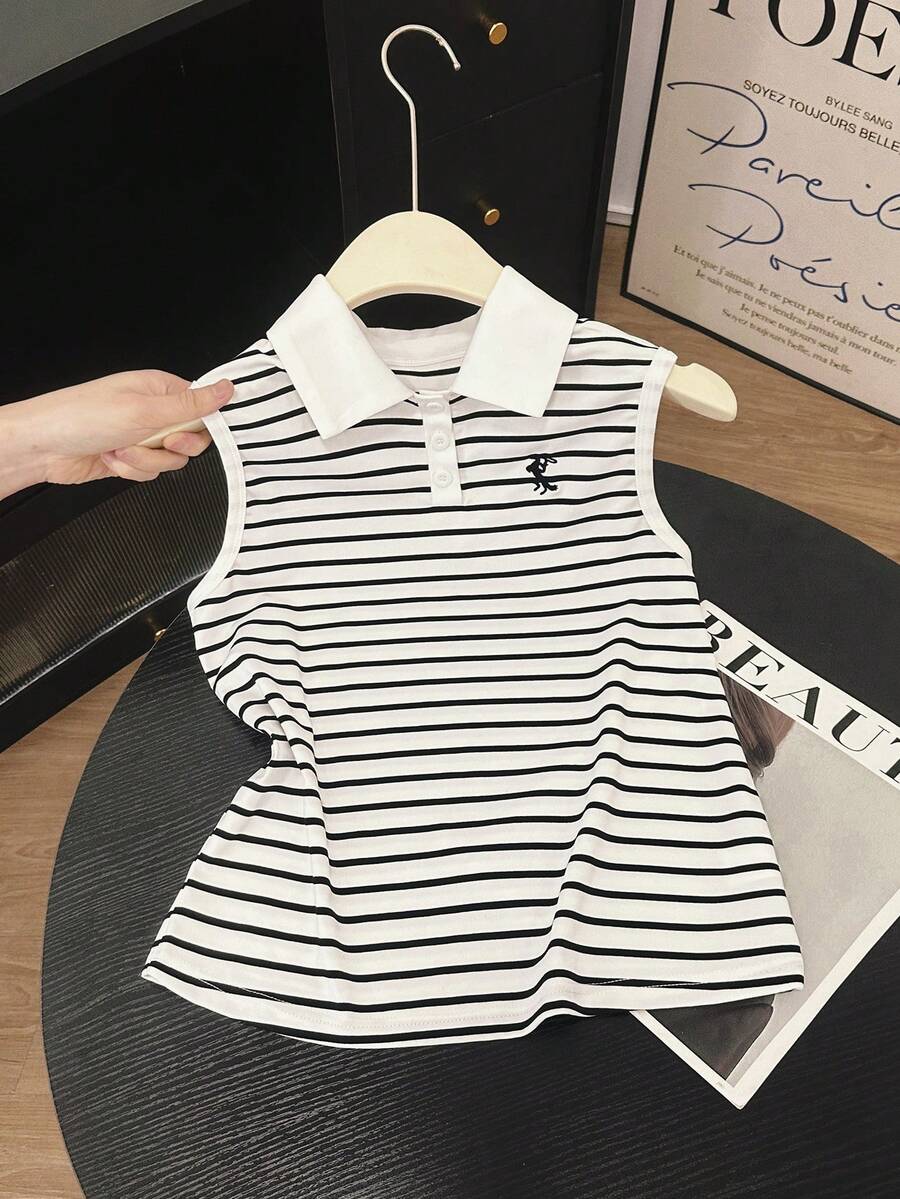 Resyla 女士夏季休闲运动通勤刺绣条纹印花高领背心 - 白色 - 查看 1