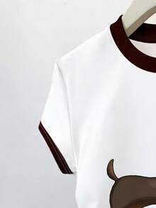 少女腊肠犬和豹纹印花发带，撞色滚边圆领褶裥腰短袖T恤，适合春夏休闲、度假、节日穿着 - 彩色 - 查看 5