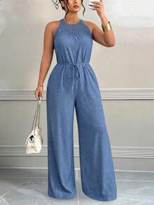 Elenzga Mono holgado de talla grande con cuello redondo, sin mangas, parches de encaje y unicolor - Azul - Ver 3