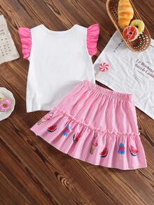 Genkimix Kids 2pcs/Set Young Girl' Ruffle Sleeve Top With Interesting Ice Cream Print & Striped Skirt - Pink - View 2