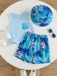 SHEIN Bộ 3 món bao gồm: Áo ba lỗ màu xanh dương cho bé trai/trẻ em, quần short đi nghỉ mát và mũ ngư dân. Bộ đồ đi nghỉ mát, trang phục bé trai, bộ áo ba lỗ. - Nhiều màu - Xem 5