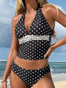 Bellisia Bộ bikini hai mảnh chấm bi đen trắng ren dễ thương cho kỳ nghỉ xuân/hè 26SS, đồ bơi nữ mới 2026, thích hợp cho đi học, kỳ nghỉ, hẹn hò, trà chiều, phong cách miền Tây, du thuyền, bãi biển, đảo, du lịch đường bộ, mọi mùa, lễ hội âm nhạc, kỳ nghỉ Boho, kỳ nghỉ Bohemian, mùa thu thư giãn, phong cách Boho miền Tây, áo bikini thanh lịch cho nữ, bộ bikini chấm bi, áo và quần bikini chấm bi, bộ bikini cho nữ, đồ bơi nữ, đồ bơi chấm bi cho nữ, bộ bikini cho nữ, bộ đồ bơi cho nữ, đồ bơi nữ mới. - Đen và trắng - Xem 6