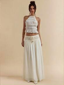 SHEIN BAE Cream-White Crochet Drawstring Waist Loose Casual Skirt, Suitable For Beach, Leisure, Outing, Spring/Summer - Apricot - View 5