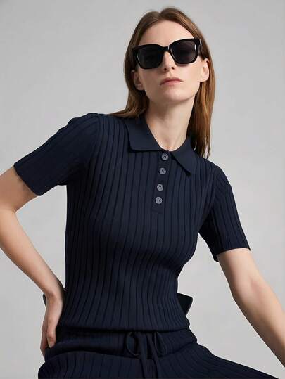 Ontre 2026春夏新款女士针织两件套，纯黑色Polo领毛衣搭配抽绳长裤，简约都市通勤风，短袖针织上衣，舒适修身两件套，翻领度假装，优雅教师/假日装，百搭女士毛衣套装