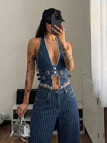 SHEIN 女士夏季毛边条纹吊带牛仔上衣 - 彩色 - 查看 2