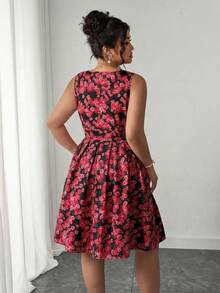Elenzga Abito da donna taglie forti con scollo ampio a balze, stampa floreale a rose, adatto per vacanze romantiche e primavera, ideale per San Valentino - nero - Visualizzare 2