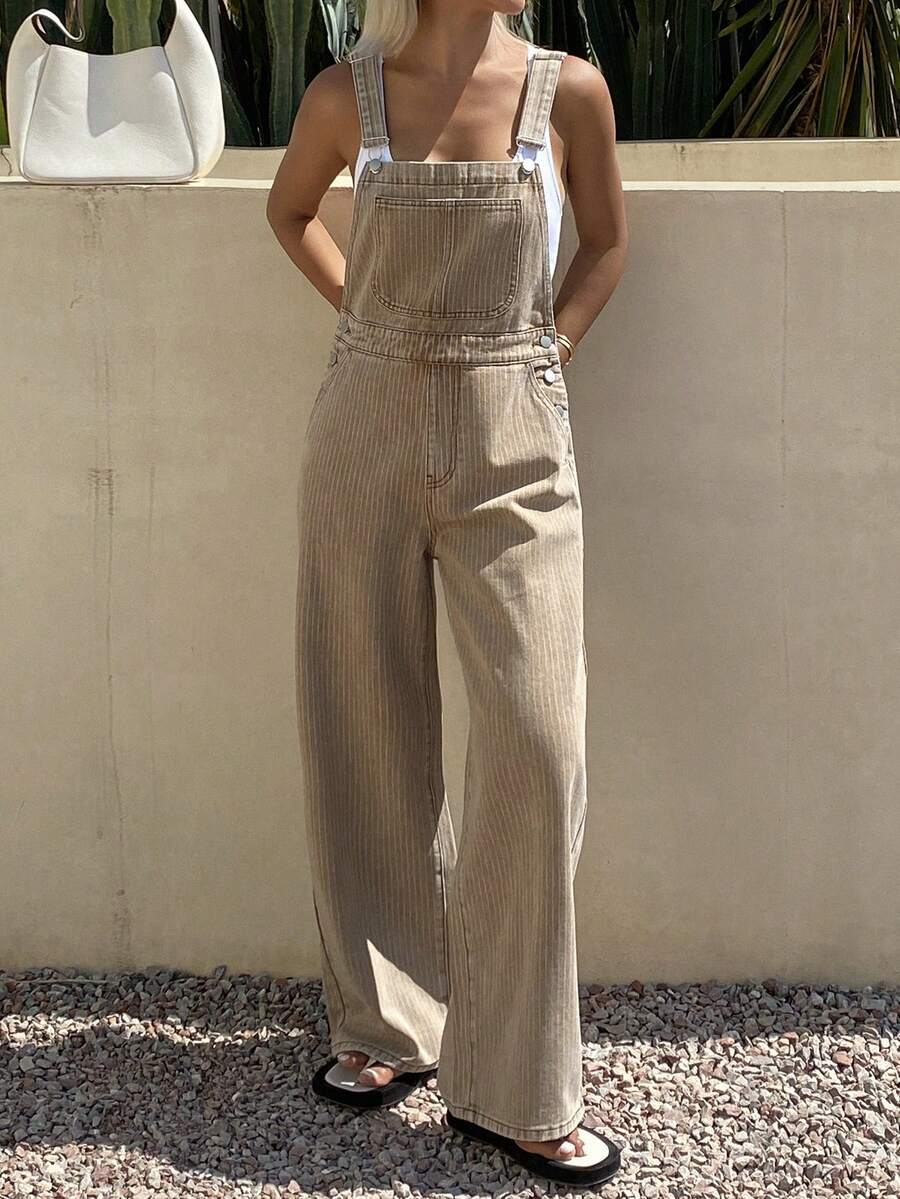 Livesso Bộ áo liền quần denim nữ kẻ sọc có túi, kiểu dáng thường ngày, đa năng. - Màu be - Xem 1
