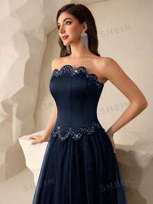 Coutiva Vestido de gala maxi de mujer con parches de malla con incrustaciones de diamante de imitación (bordado pesado) - Azul Marino - Ver 5