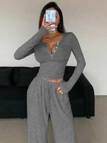 DAZY 2pcs Women Spring/Summer Solid Color Button Front Long Sleeve T-Shirt And Drawstring Waist Pants Casual Set Y2k Tracksuits Women Set Lounge Sets For Women - Grey - View 5