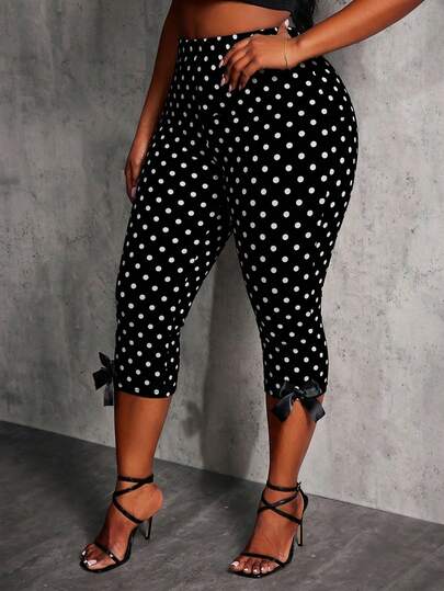 SHEIN SXY Quần legging nữ cỡ lớn, kiểu dáng retro chấm bi, dài 7/8, có nơ trang trí, phù hợp cho việc đi lại hàng ngày.