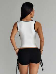 Dewbera Áo tank top thể thao nữ dáng ôm, cổ tròn, phối màu tương phản, thích hợp cho mùa hè. - trắng - Xem 2