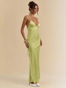 SHEIN BAE 杏色和白色深V领细肩带超长露背系带缎面美人鱼礼服，优雅礼服，度假礼服，伴娘礼服，生日派对礼服，毕业礼服，白色礼服 - 橄欖綠 - 查看 6