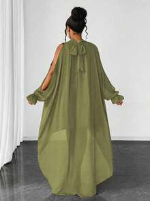 Maweii Plus Size Women Asymmetrical Hem Off Shoulder Ruffle Sleeve Dress Fall - Green - View 2