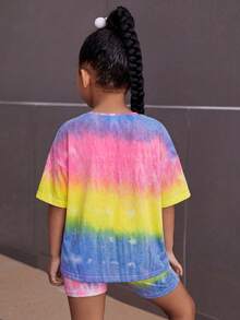 SHEIN Young Girl Casual Tie-Dye Print Dropped Shoulder T-Shirt And Shorts Set Summer Outfits - Multicolor - View 2