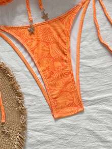 Swim Mod 2pcs/Set Spring Break Solid Color Spaghetti Strap Underwire Top And Side Knot Swim Shorts, Cute Women Summer Beach Bikini Set - Orange - View 6
