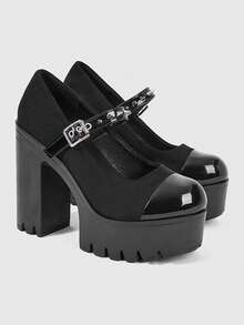 ROMWE Grunge Punk Giày cao gót đế platform mũi tròn kiểu Gothic dành cho nữ, chất liệu bóng, đính đinh tán, gai nhọn, khóa cài chìm, kiểu dáng punk, thoải mái khi trang trí, thích hợp cho tiệc tùng, du lịch hoặc đi làm. - màu đen - Xem 3