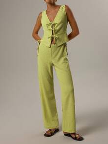 Forever 21 Débardeur casual femme de couleur unie texturé à lacets - Vert - Voir 3