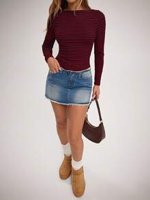 SHEIN Forever 21 Áo thun dài tay in họa tiết sọc thường ngày dành cho nữ - Đỏ - Xem 4