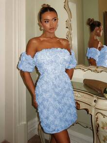 SHEIN Women's Off-Shoulder Embroidered Floral Elegant Dress - Blue - View 5