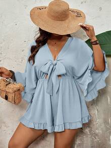 SHEIN VCAY Mono de talla grande con mangas de murciélago, dobladillo con volantes y cintura con lazo, unicolor para vacaciones - Neblina azul - Ver 6