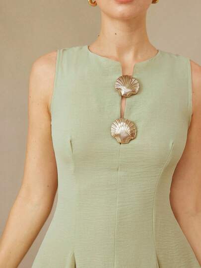 Aveloria Rosie Refreshing Light Green Sleeveless Mini Dress, V-Neck Asymmetric Buckle Design, Gentle Style Suitable For Weekend Outings, Cafe Dates