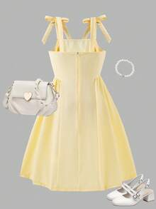 SHEIN Teen Girl Solid Color Twist Shoulder Cute Dress - Yellow - View 2