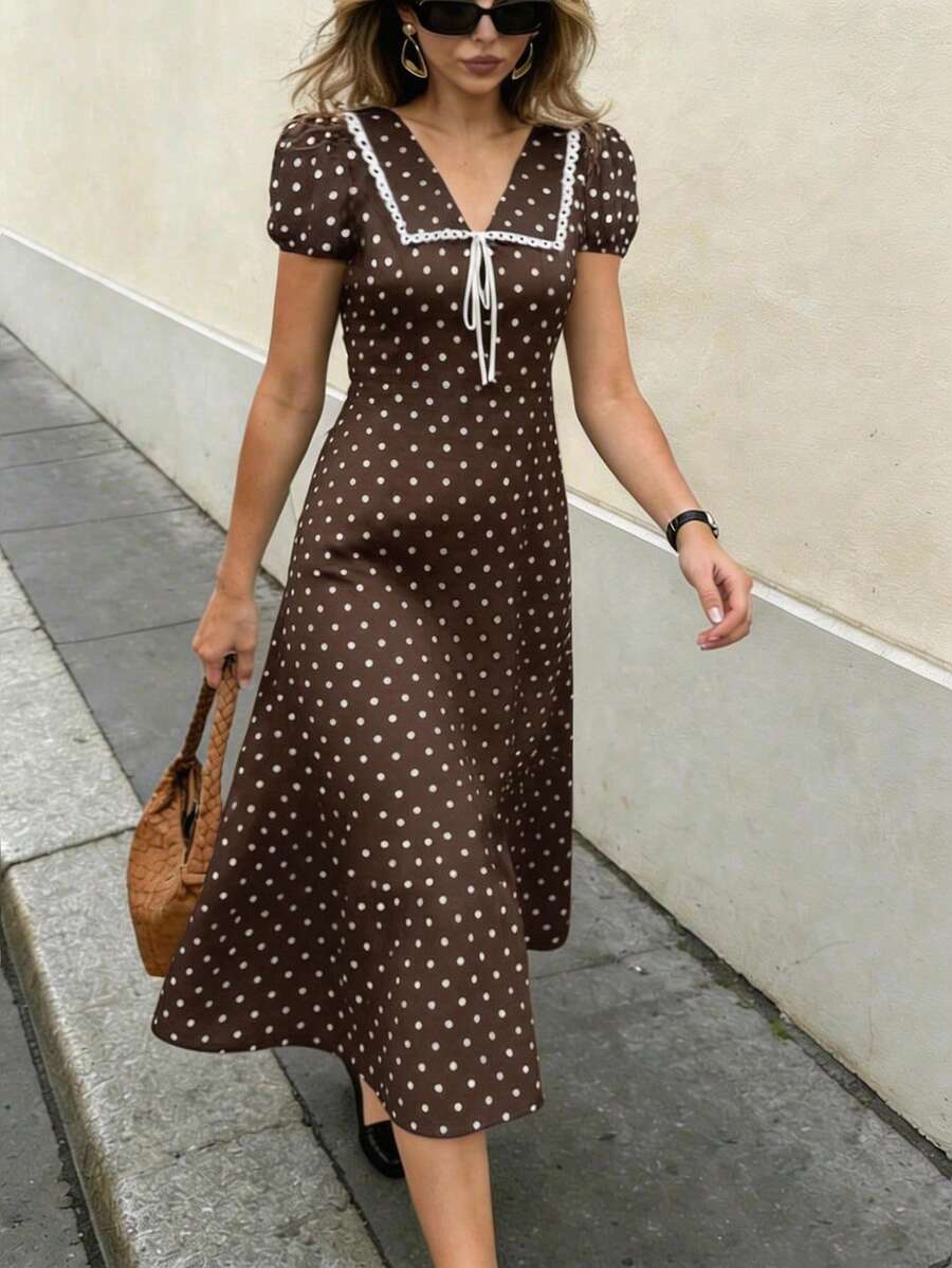 SHEIN PariChic 女士春夏蝴蝶结领波点连衣裙，短款花瓣袖A字腰连衣裙，夏季 - 棕色 - 查看 1