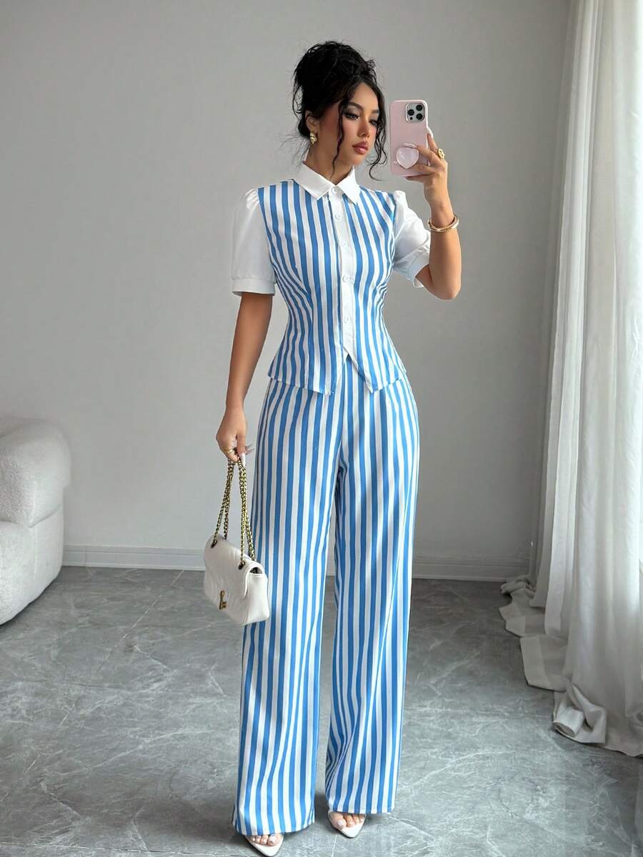 SHEIN Elenzya 优雅通勤及度假蓝白条纹衬衫+长裤两件套女装 - 藍白色 - 查看 1
