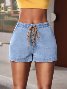 Jeanoix Y2K 女士休闲牛仔短裤，带系带孔腰带 - 淺色水洗藍 - 查看 1