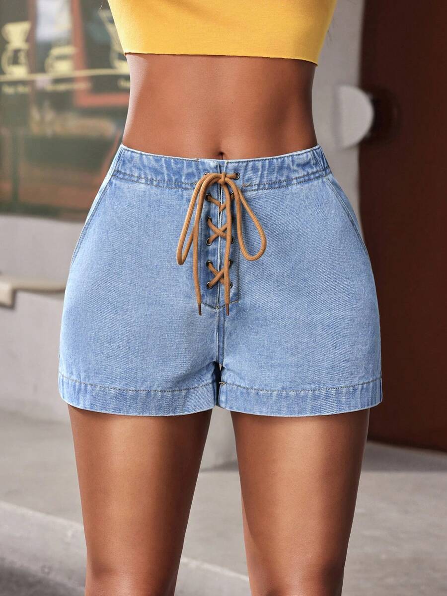 Jeanoix Y2K 女士休闲牛仔短裤，带系带孔腰带 - 淺色水洗藍 - 查看 1