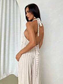 Firerie 女士优雅春夏亚麻休闲通勤度假沙滩V领露背系带条纹西装背心和高腰阔腿卡其色套装 - 卡其色 - 查看 8