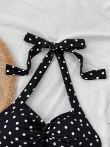 SHEIN Đầm ngắn chấm bi hở lưng cho bé gái tuổi teen, có dây buộc/viền xếp ly và thiết kế hai lớp, thích hợp cho tiệc tùng, hẹn hò, ngày Valentine, kỳ nghỉ. - màu đen - Xem 3