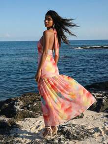 Nevyona Elegant Vacation Dress Fitted Body-Hugging Deep V-Neck Halter-Neck Sleeveless Knit Tulle Print. Spring Summer, Autumn, And Winter. For Women. Elegant Dresses. Elegant Party Dresses. Women's Summer Dresses.Vacation Dresses Floral Dress Summer Dresses For Women Travel Beach Sunbathing Women Dress Resort Wear Women Vacation Dress - Multicolor - View 4