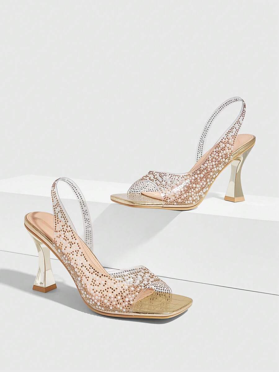 CUCCOO SZL Giày sandal nữ thời trang và quyến rũ, đế dày đính đá, màu vàng nhạt ánh ngọc trai, chất liệu TPU trong suốt, họa tiết đá, mũi vuông, kiểu dáng thoải mái, phù hợp cho các bữa tiệc, đám cưới, các dịp lễ hội, mùa xuân, hè và thu Giáng sinh. - Vàng nhạt - Xem 1