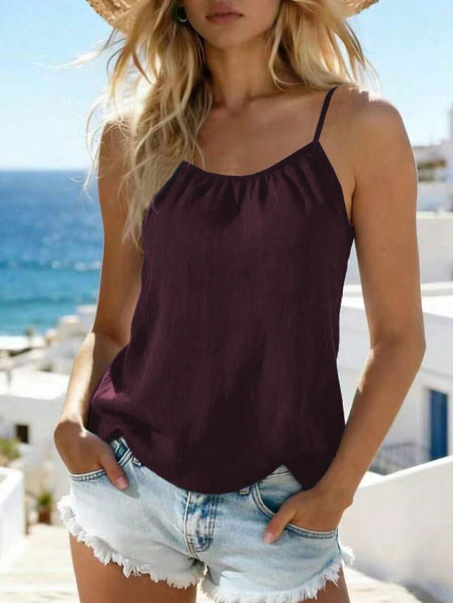 EMERY ROSE Women's Solid Color Pleated Casual Versatile Summer Camisole - Maroon - View 1