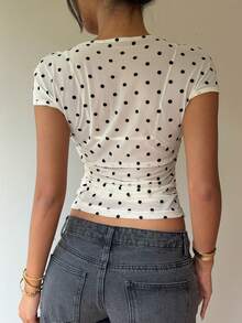 Siren Gaze Women's Summer Black White Polka Dot T-Shirt, Sexy Chic Mesh Metal Buckle Asymmetrical Neckline Short Sleeve Top, Night Out Carnival Party - Apricot - View 2