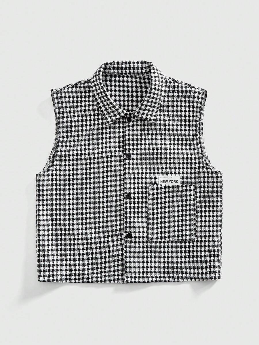 ROMWE MEN Street Life Áo vest nam tuổi teen kiểu dáng thường ngày, kẻ caro, cài cúc phía trước và có túi, thích hợp cho mùa hè. - Đen và trắng - Xem 1