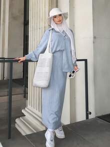 Mulvari Bộ áo và chân váy thanh lịch dành cho nữ, thích hợp mặc hàng ngày. - Màu xanh lam - Xem 3