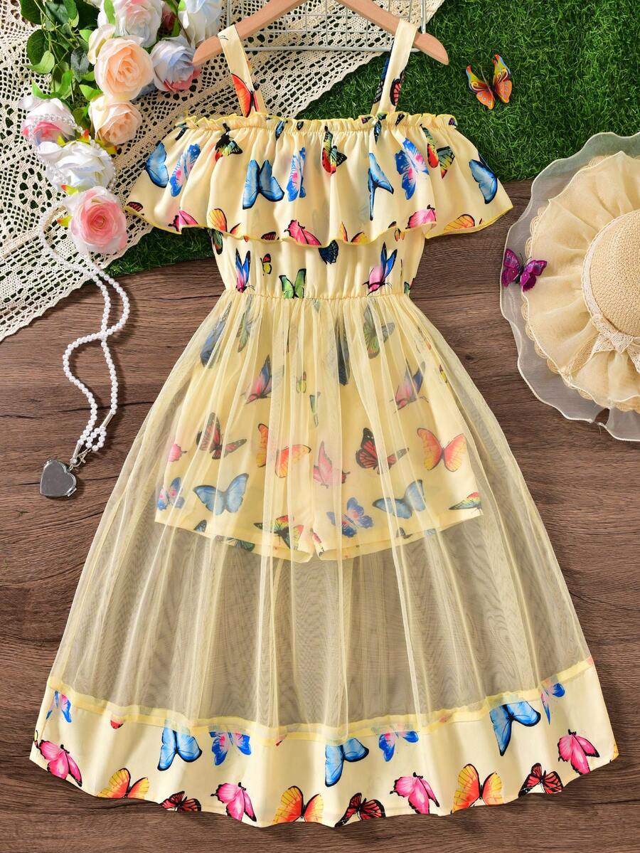 Mono con volantes en el hombro y estampado de mariposas de colores para niñas preadolescentes, estilo vacacional para primavera/verano - Amarillo - Ver 1